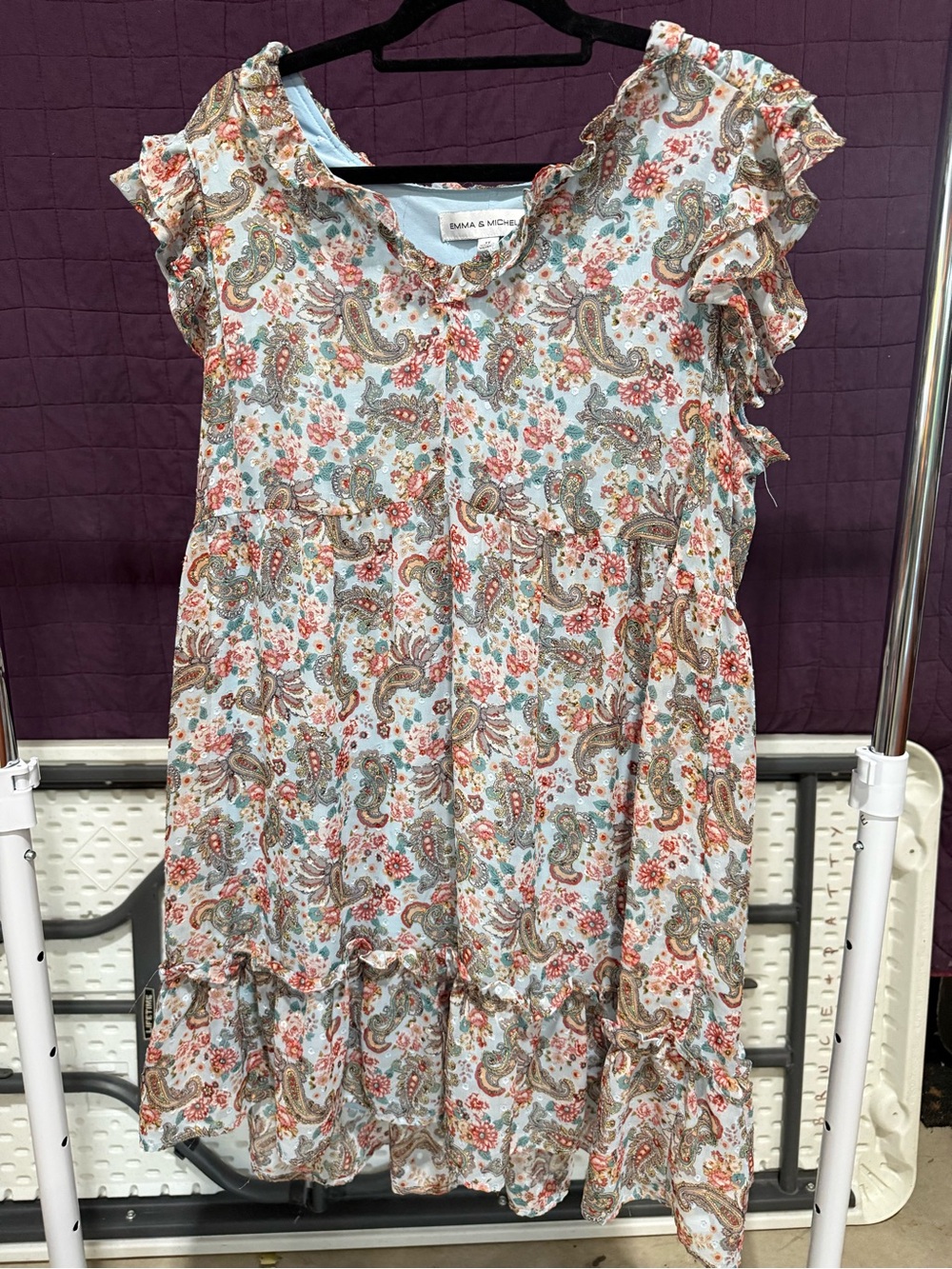 Emma & Sam Light Blue Paisley Ruffle Dress with Pink & Tan Floral Accents